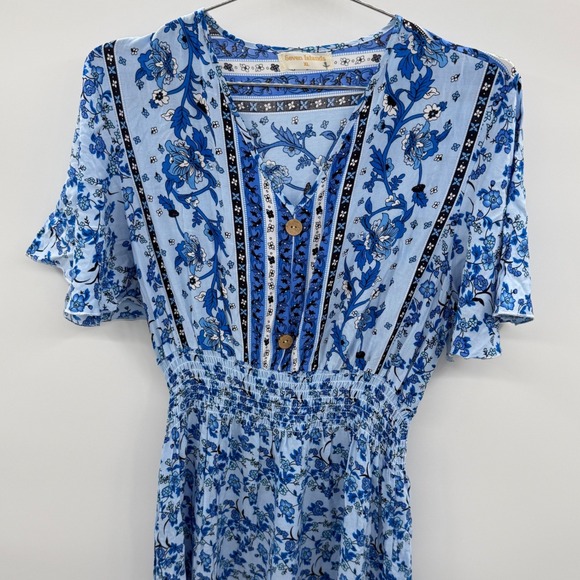 Seven Islands Blue Floral Boho Maxi Dress XL Short Sleeve Smocked Waist Rayon - Picture 3 of 12
